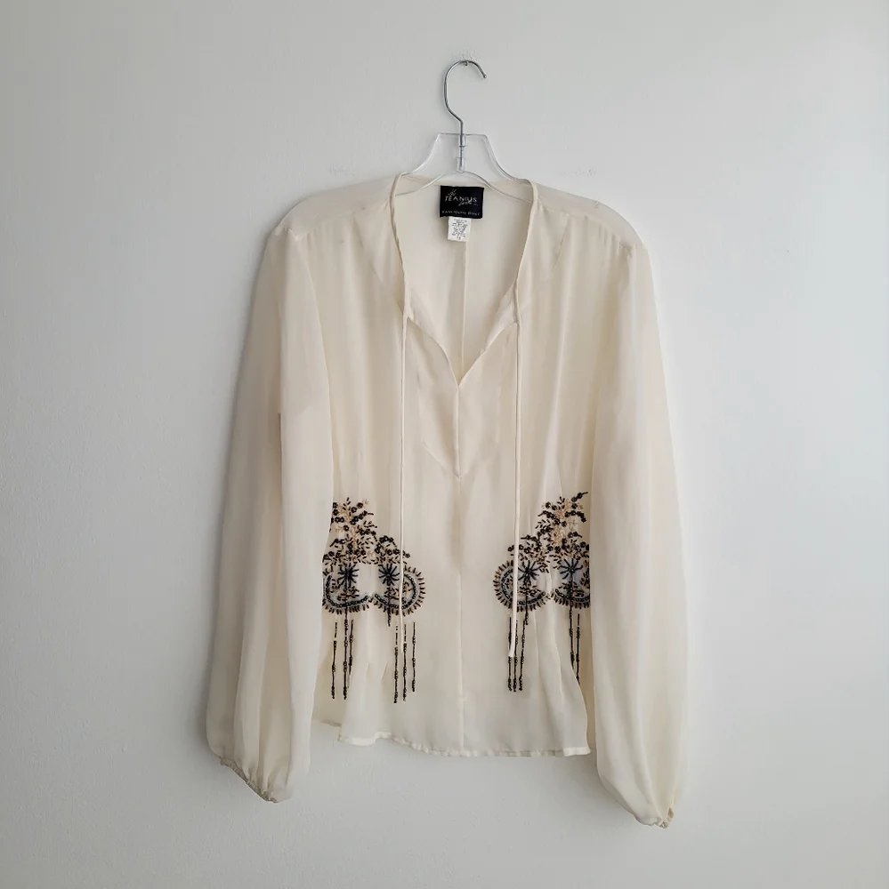 RANDOLPH DUKE Sheer Off White Beaded Boho Flounce Top - Picture 1 of 6